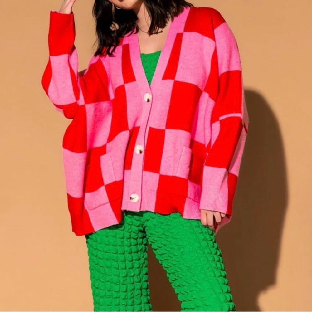 Dressed in LALA Red and Pink Checkered Cardigan